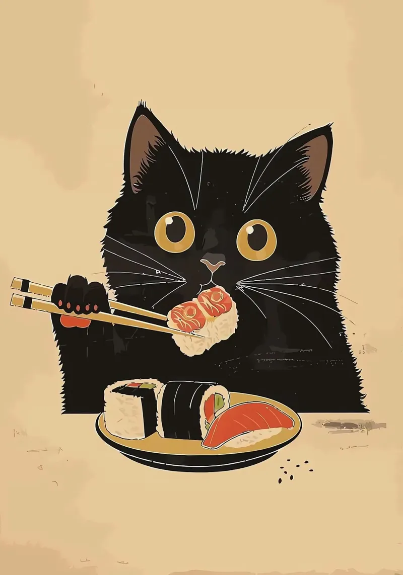 Zwarte kat eet sushi canvas met Baklijst van Arjun