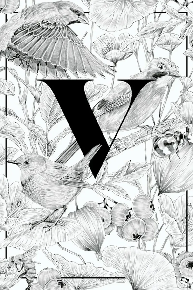 Floral Alphabet V poster with aluminum frame by Faunesque