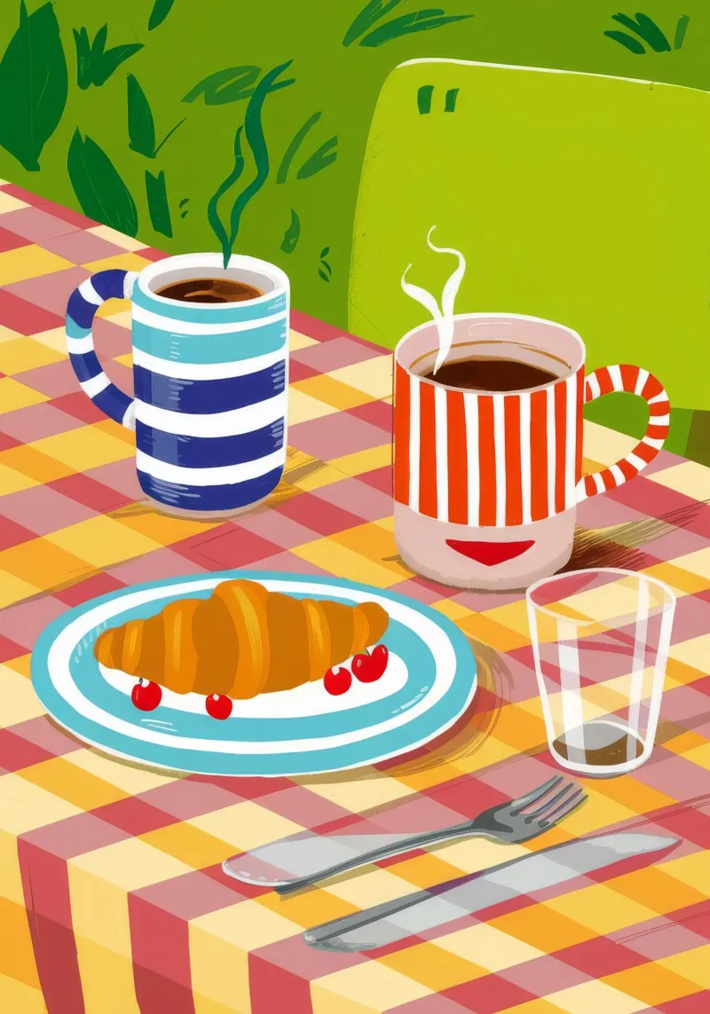 Caffè Croissant Gingham pellicola backlit da Muse Artworks