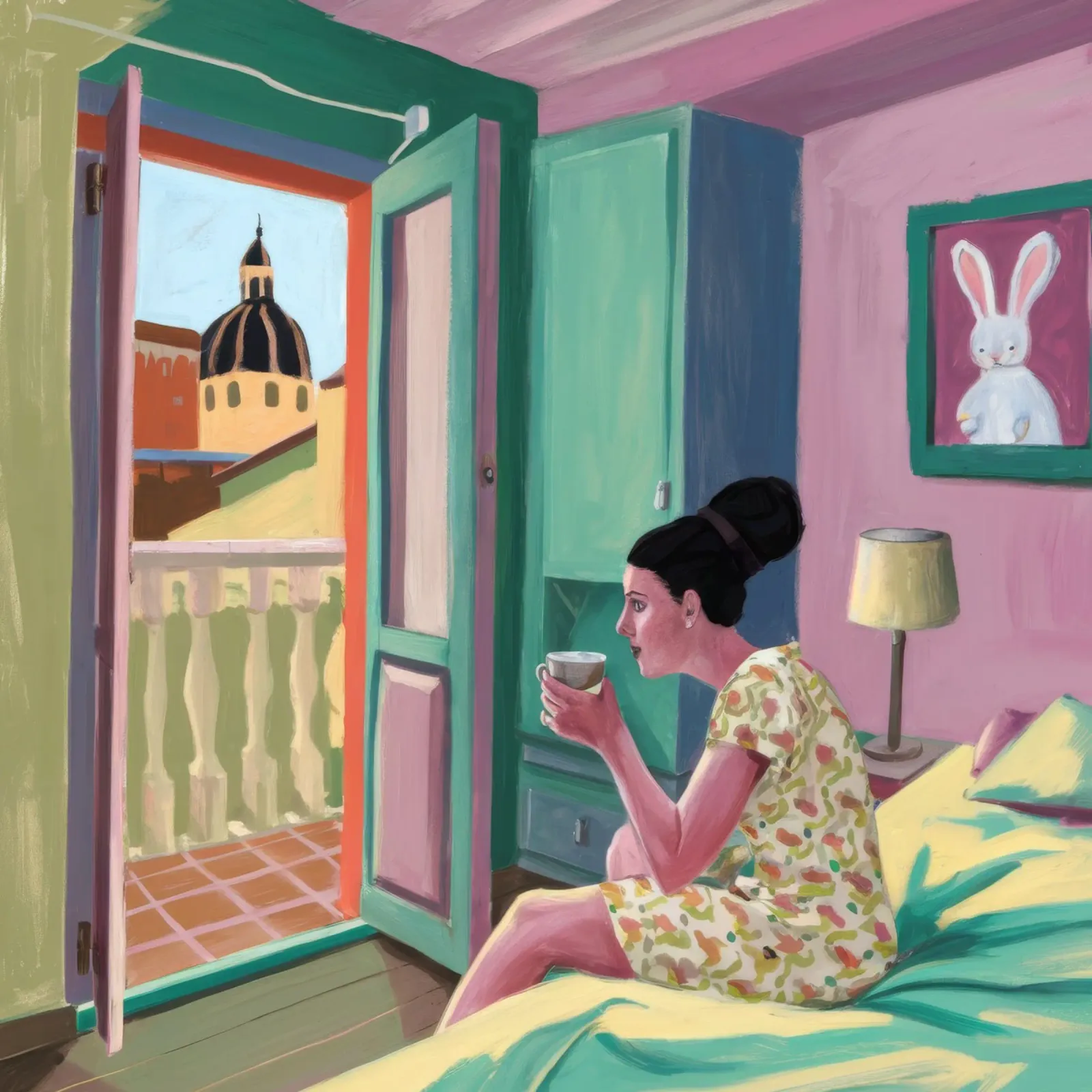 Fuga di lettura sul balcone poster con telaio in plastica da Haven Fantasy