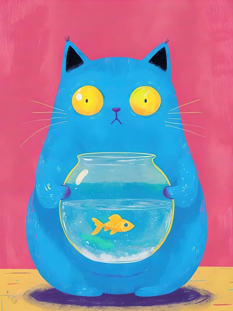 Blaue Katze mit Goldfischglas Hahnemühle von 🥝 KIWI STORE