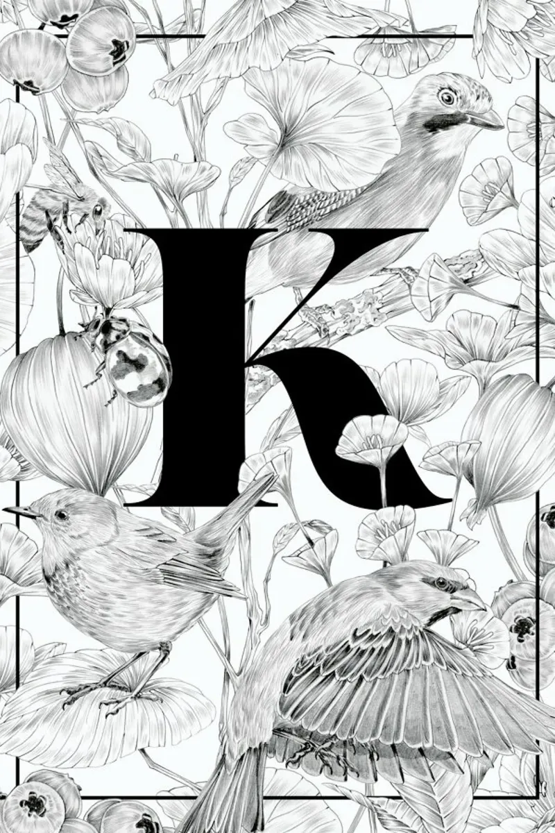 Floral Alphabet K poster con telaio in legno da Faunesque