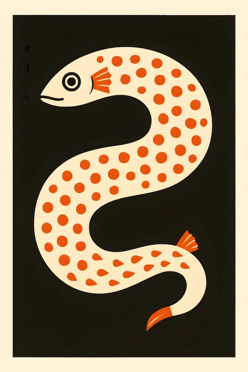 Spotted Swayer – Stylised Eel Poster poster con telaio in alluminio da Tide & Texture