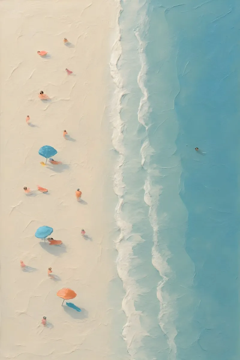 Scattered Sunbathers with Blue Umbrellas plexiglass da Tide & Texture