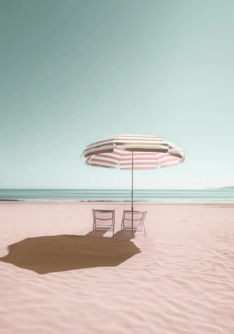 Pastel Beach Scene - Umbrella & Chairs Photo Poster carta hahnemühle da Vela Luna