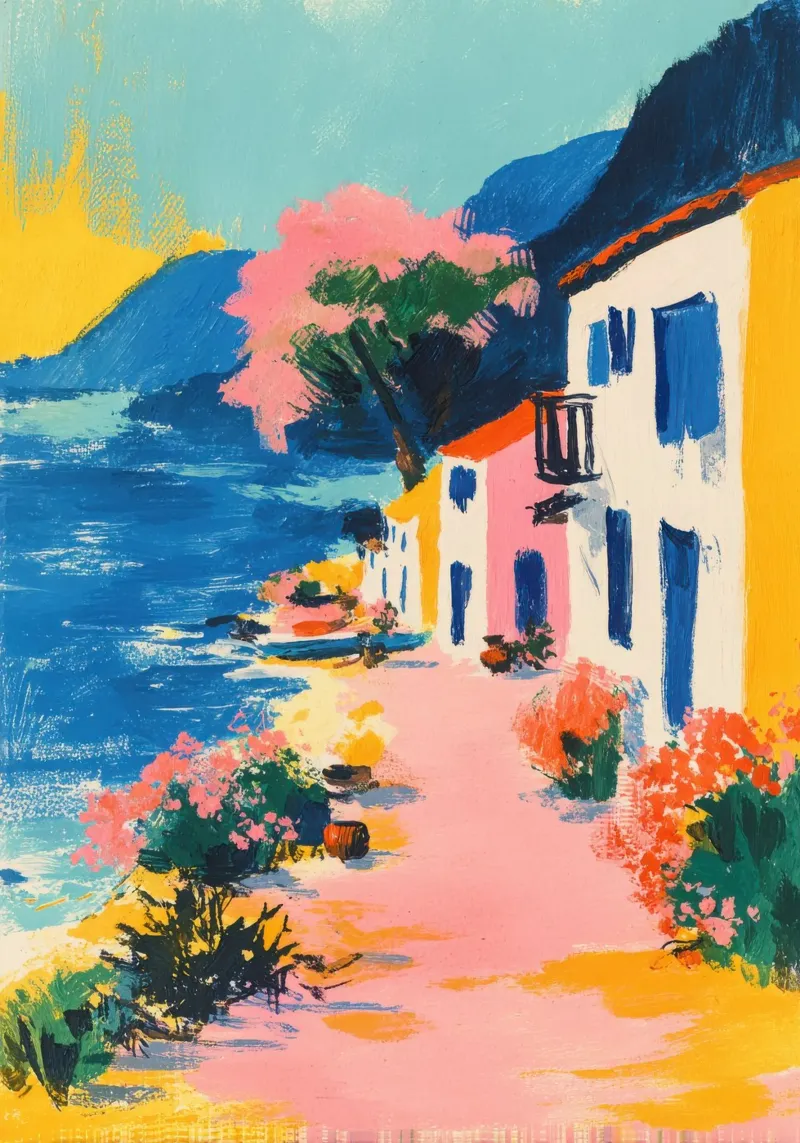 Villaggio costiero colorato in stile retrò pellicola backlit da ArtByNiki
