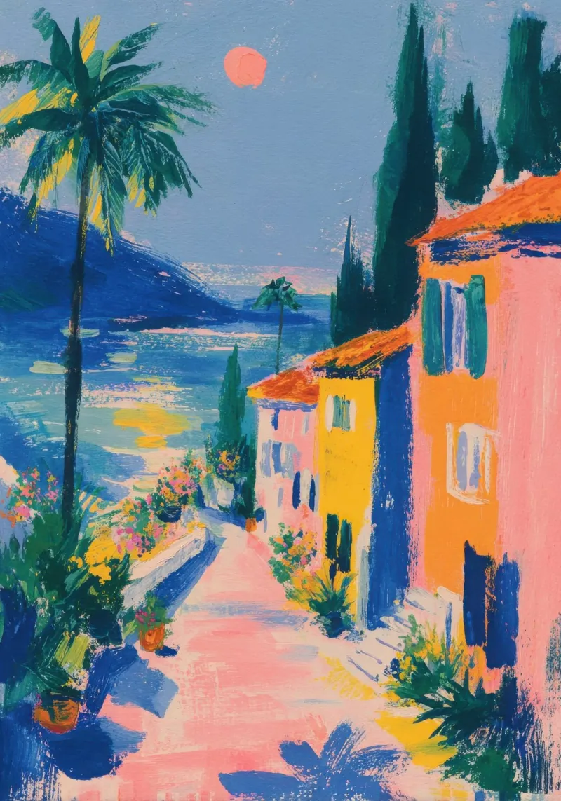 Serata in Riviera in stile gouache pellicola backlit da ArtByNiki