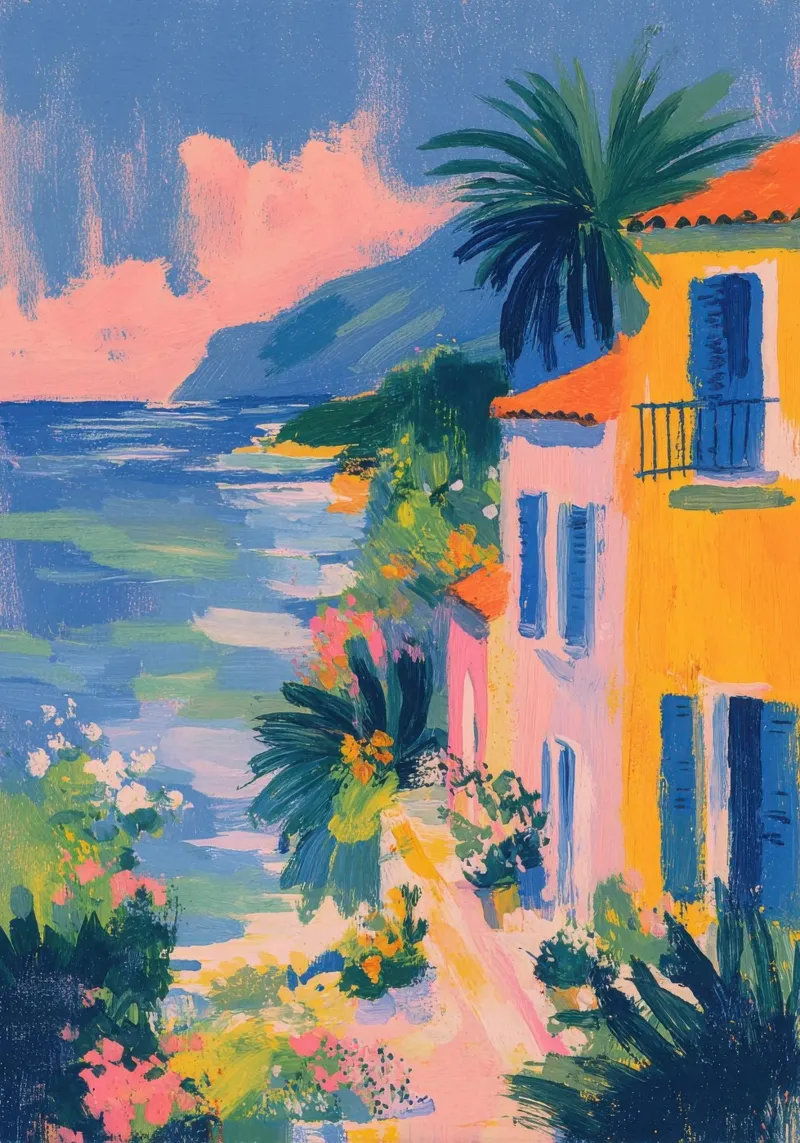 Riviera romantica in stile gouache retrò pannello forex da ArtByNiki