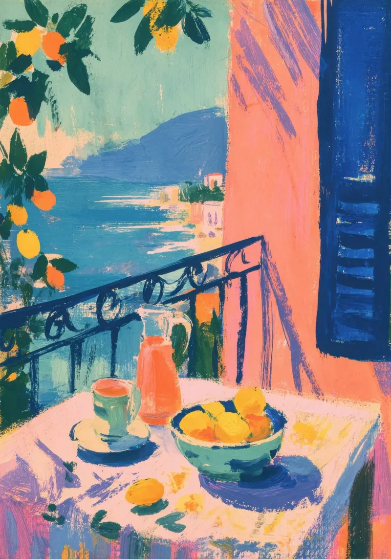Tisch mit Zitronen am Meer im Matisse-Stil Leinwand mit Schattenfugenrahmen von ArtByNiki