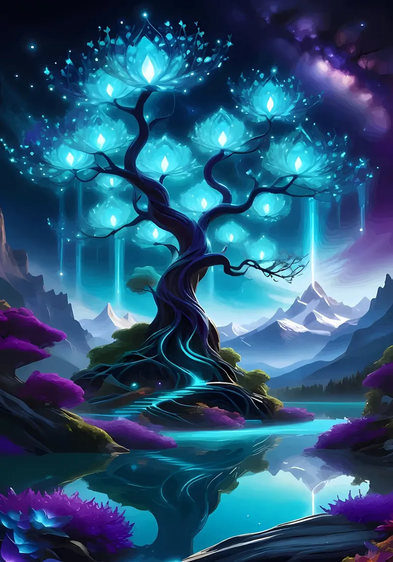 albero fantasia fiori luminosi poster con telaio in legno da Jennifer R Spyhalski