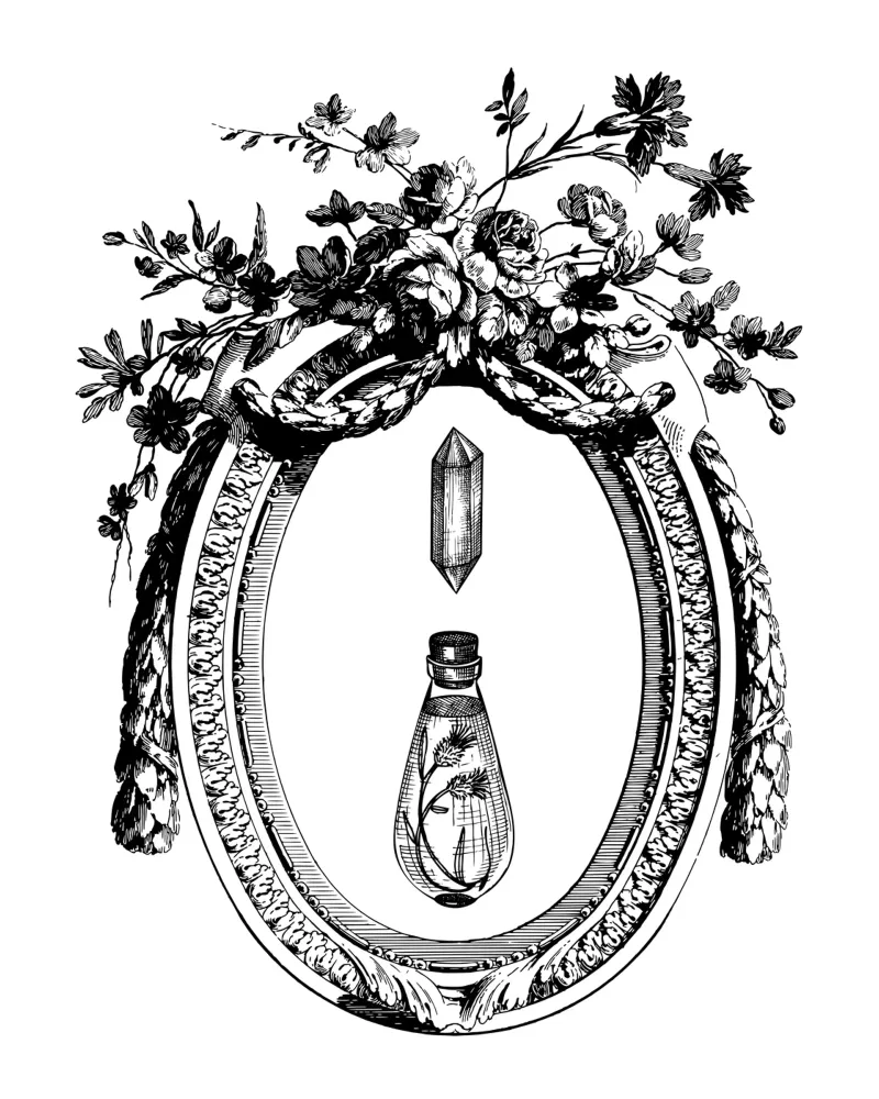 cadre vintage fleuri avec fiole et cristal alu dibond de morphinaeblue