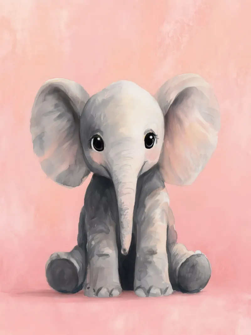 Baby Elephant Sitting on Soft Pink with Gentle Eyes poster by Moodwall
