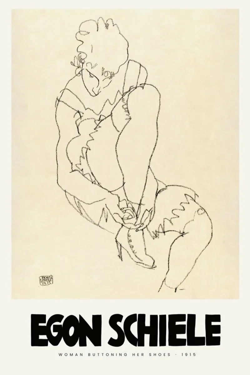 Schiele - Woman Buttoning Her Shoes II poster con telaio in plastica da Vintage by JUNIQE