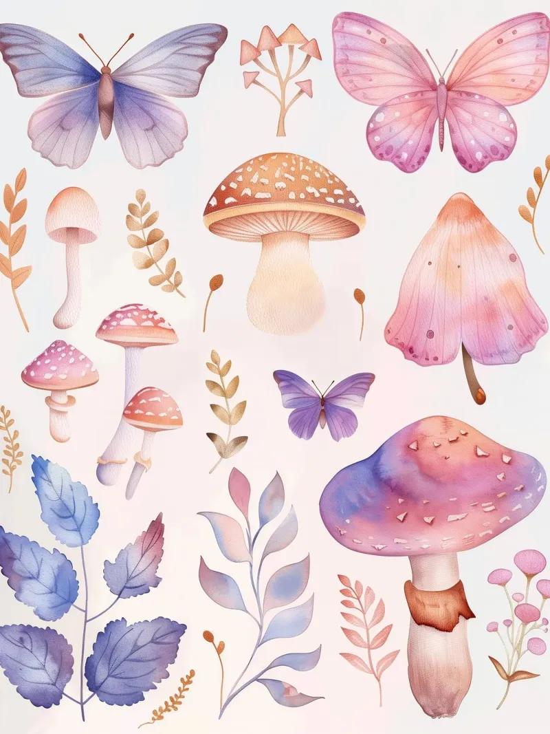 Funghi e farfalle magiche Boho in morbidi acquerelli pellicola backlit da Gentle Echoes Art