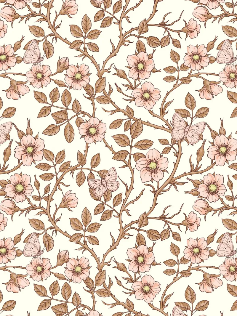 Rose selvatiche e farfalle / rosa/marrone/bianco sporco alluminio dibond da Painted Nature