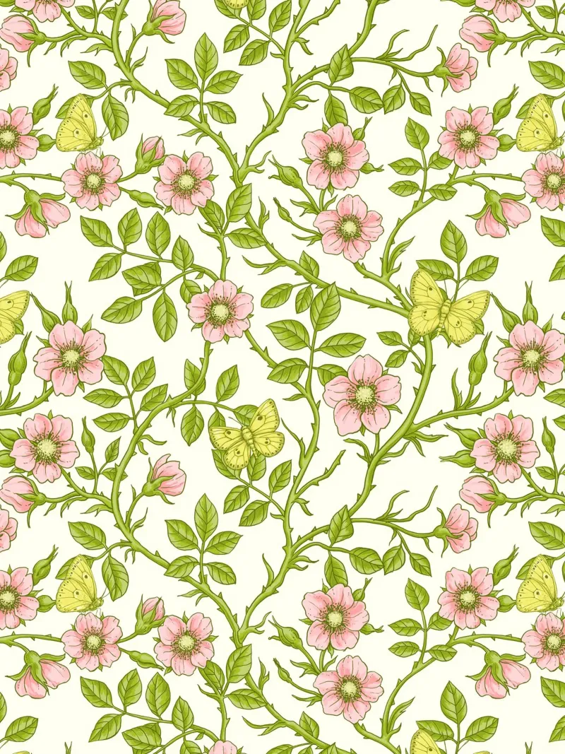 Roses sauvages et papillons /rose/vert pâle/jaune/blanc cassé poster de Painted Nature