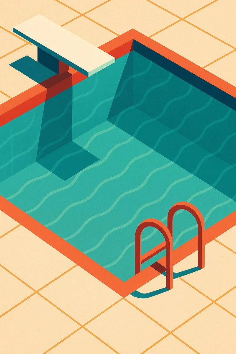 Scala arancione in una piscina estiva con riflessi blu carta hahnemühle da JETLAG | affiches voyage