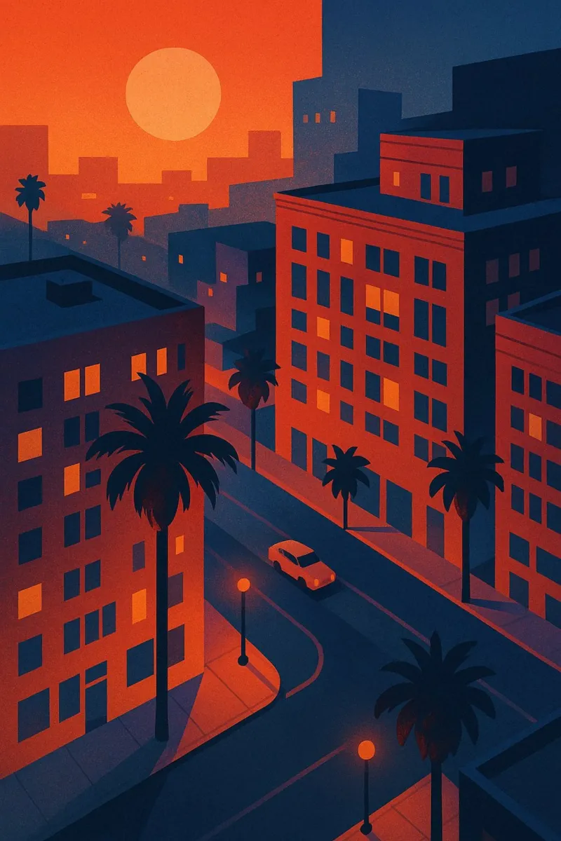 Strada della città al tramonto con palme poster con telaio in legno da JETLAG | affiches voyage