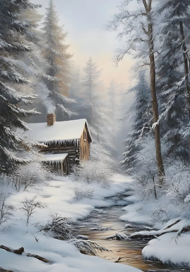 Accogliente casetta di legno invernale Stream Art - Nascondiglio nella foresta innevata pellicola backlit da ClubArt