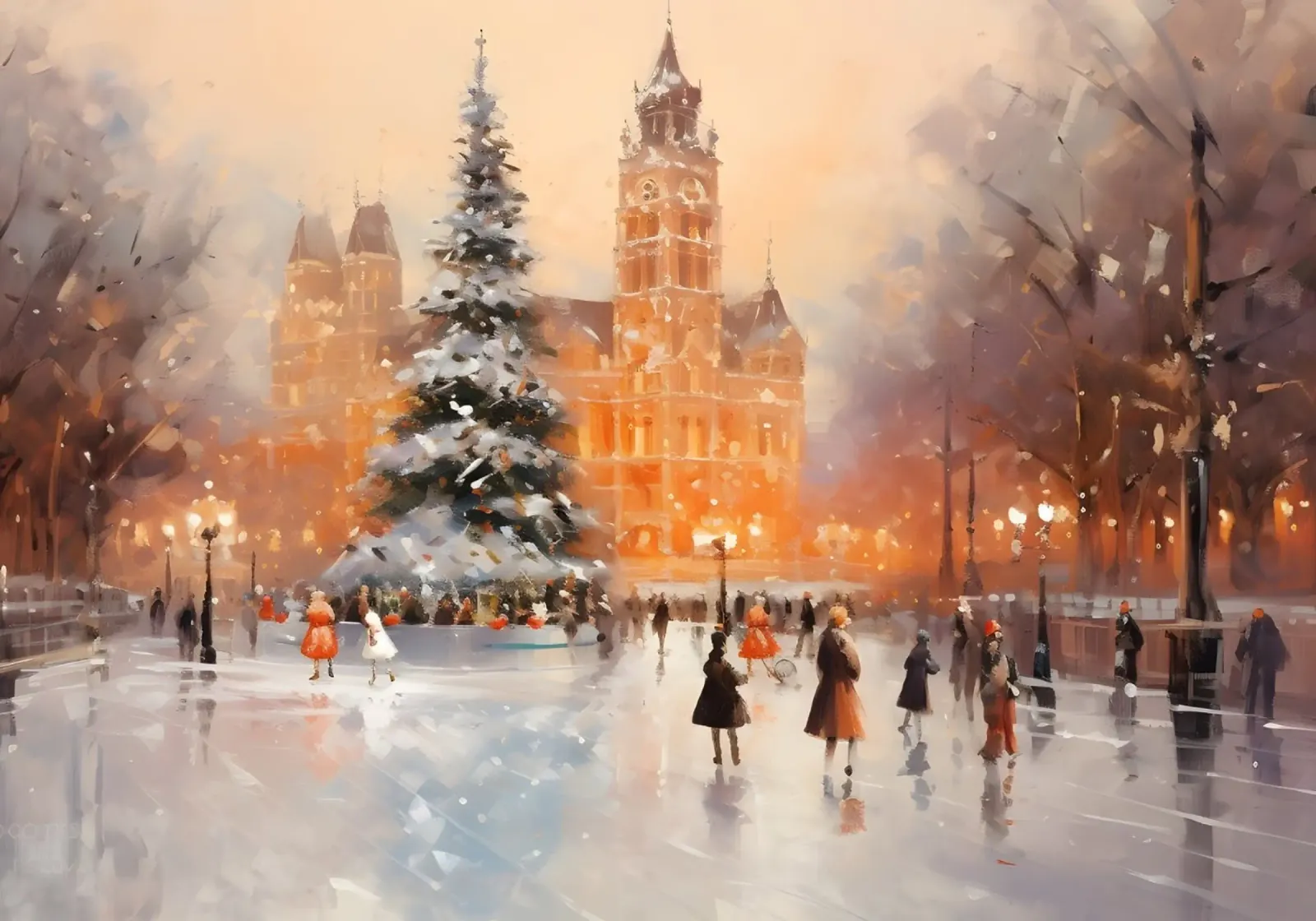 Gezellige ijspiste op het kerstplein - Besneeuwd stedelijk landschap canvas met Baklijst van ClubArt
