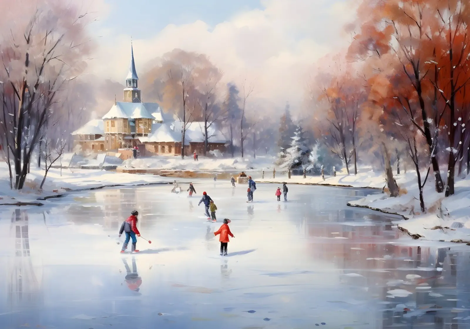 Gezellige ijsschaatsvijver kunstdruk - Besneeuwd dorpsgezicht canvas met Baklijst van ClubArt
