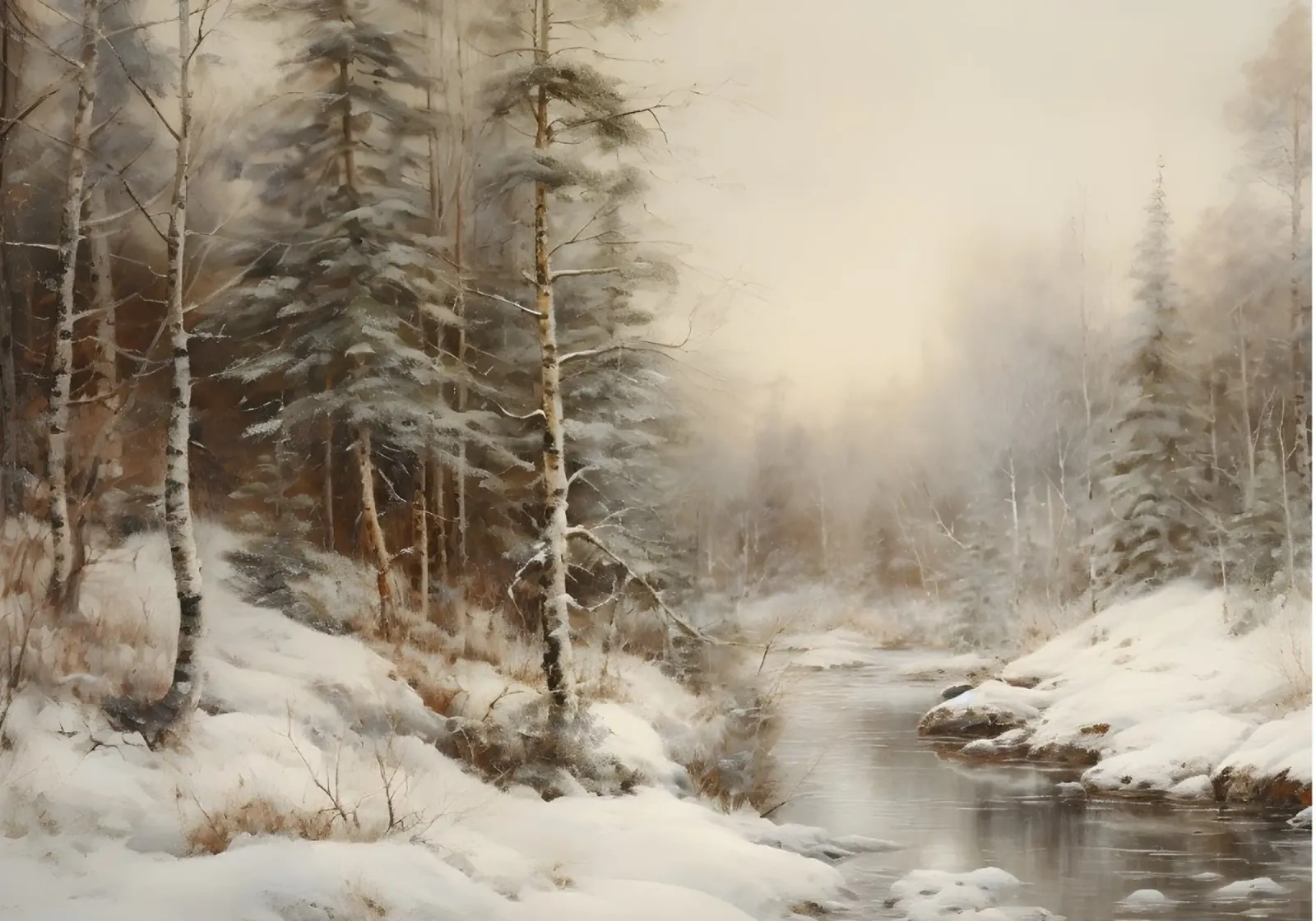 Serene Winter Forest Stream Art Print - Besneeuwd Landschap canvas van ClubArt