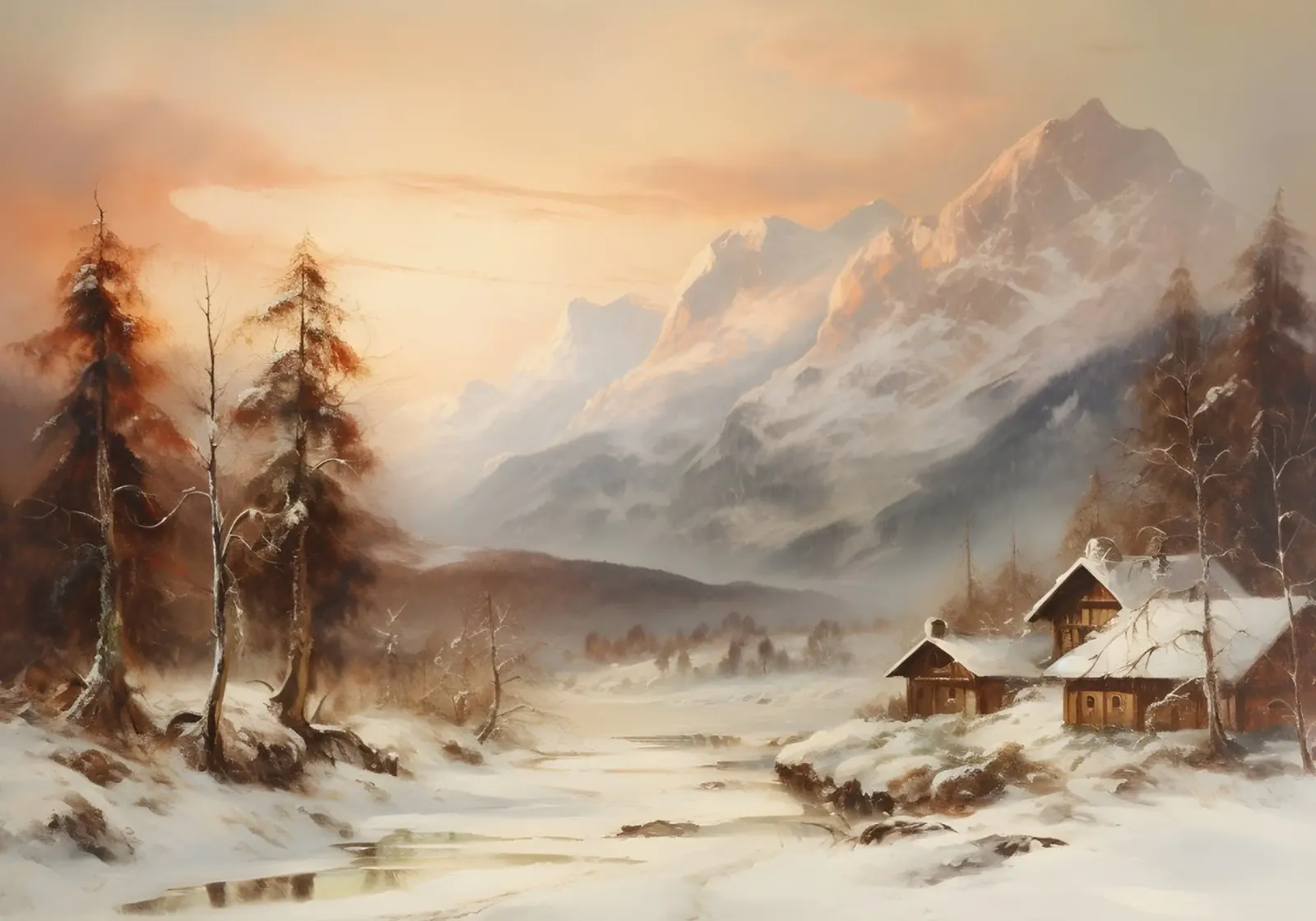 Acogedora cabaña de invierno en la montaña - Atardecer nevado en los Alpes poster de ClubArt