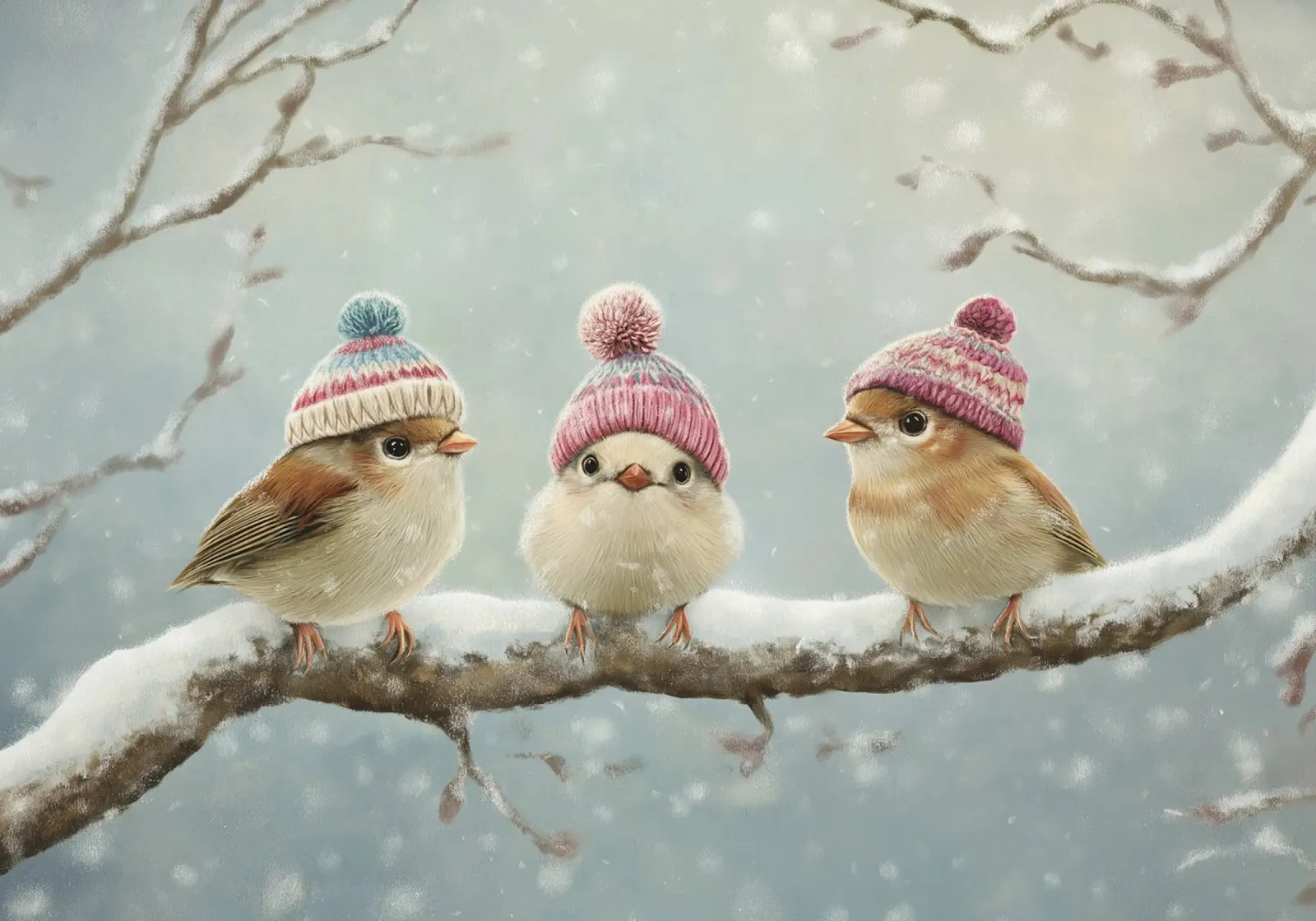 Stampa d'arte di uccelli invernali con cappelli - Accogliente decorazione animale poster da ClubArt