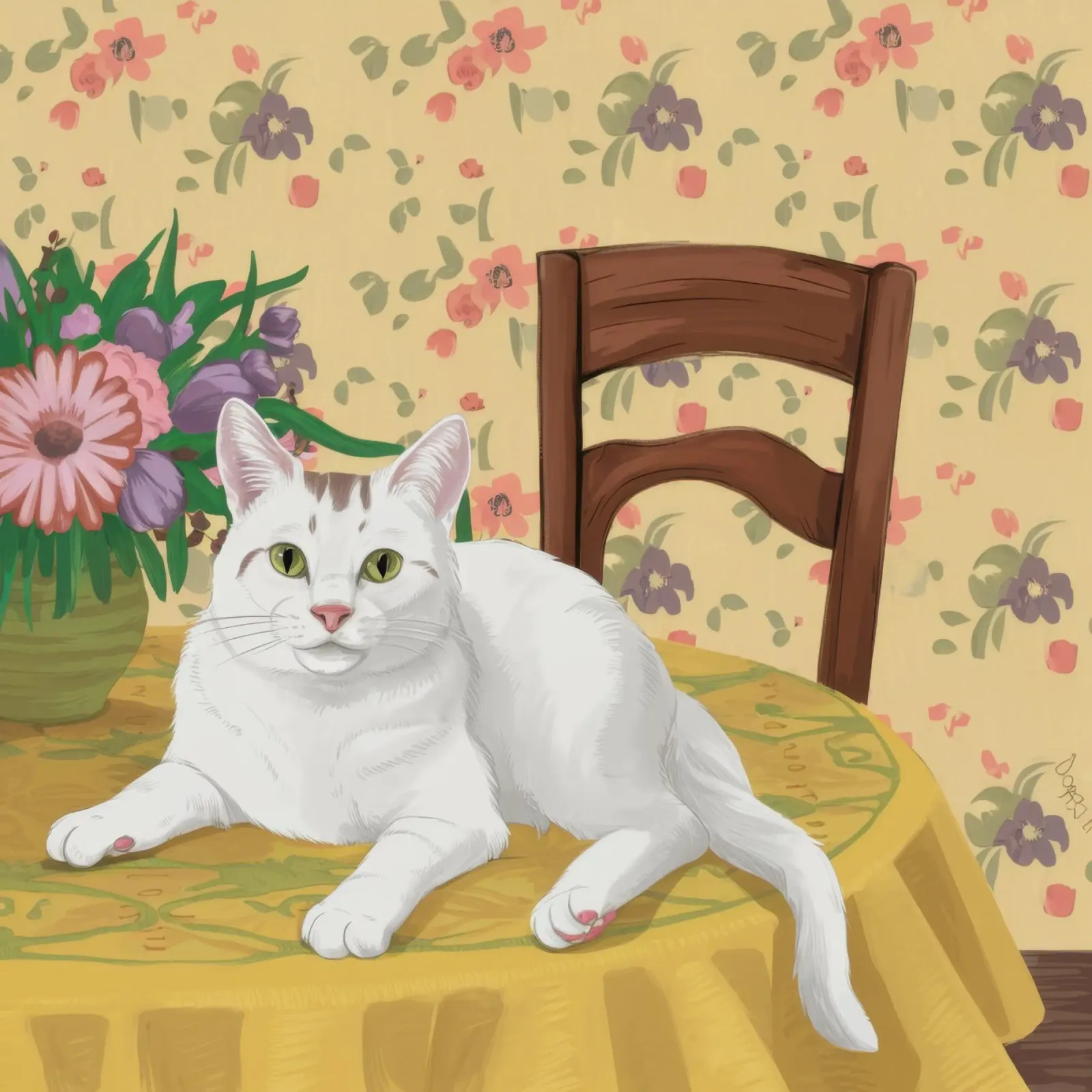 Gatto bianco Tavolo floreale alluminio dibond da Marigold Tiga