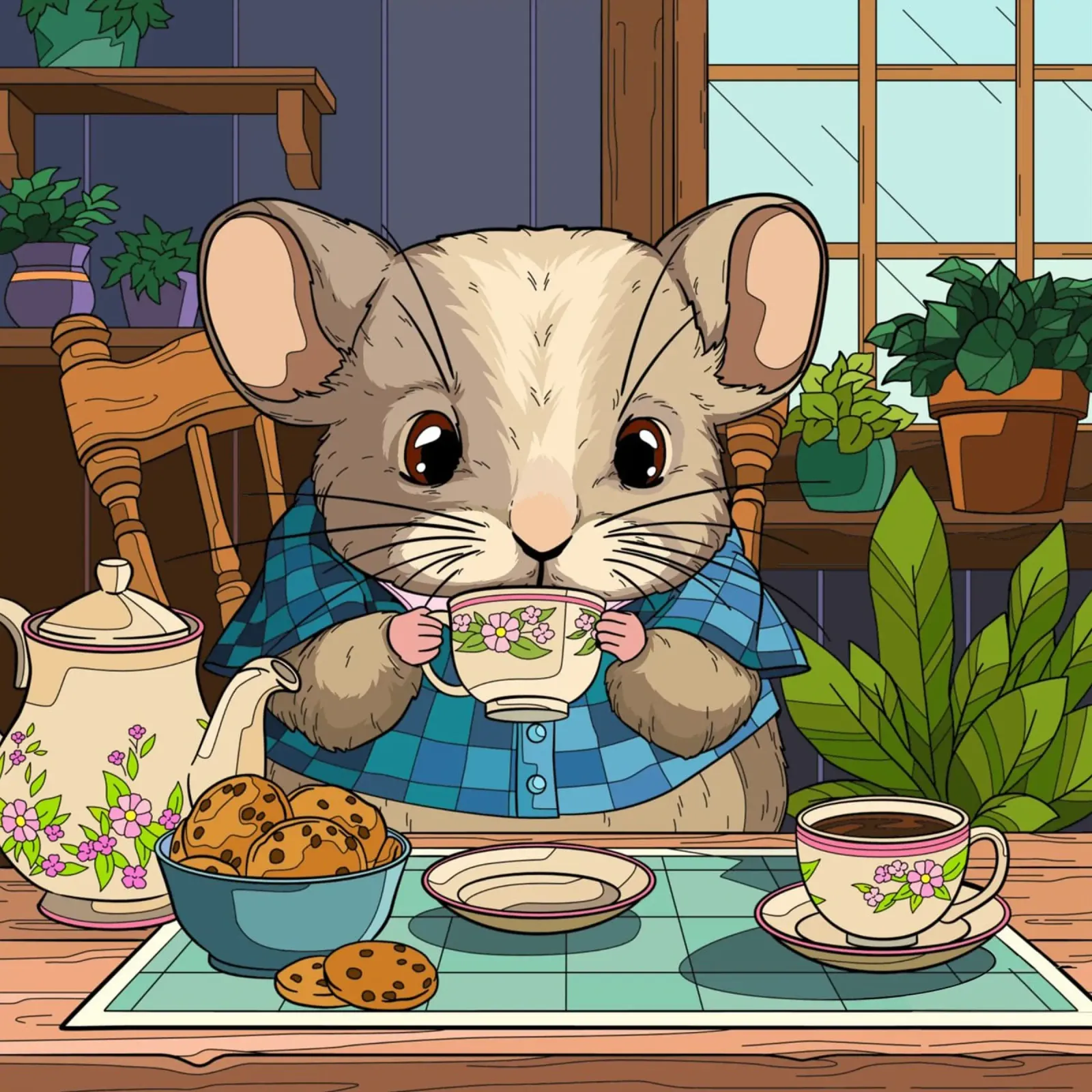 Tea Time Mouse canvas with Floater frame by Fanya Art