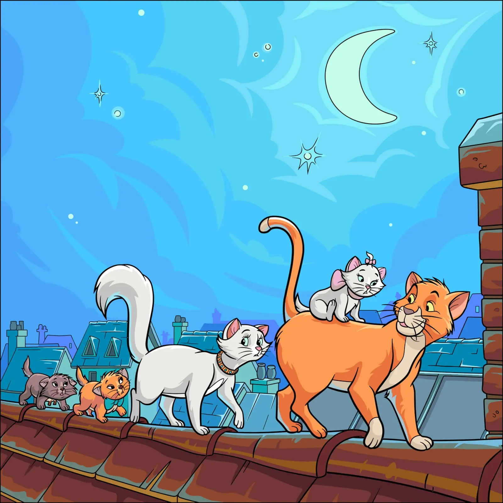 Gatti su un tetto di notte poster con telaio in alluminio da Fanya Art