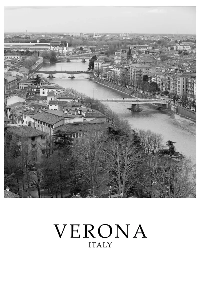 Verona Italia paesaggio urbano scena in scala di grigi poster con telaio in alluminio da Charnwood Prints