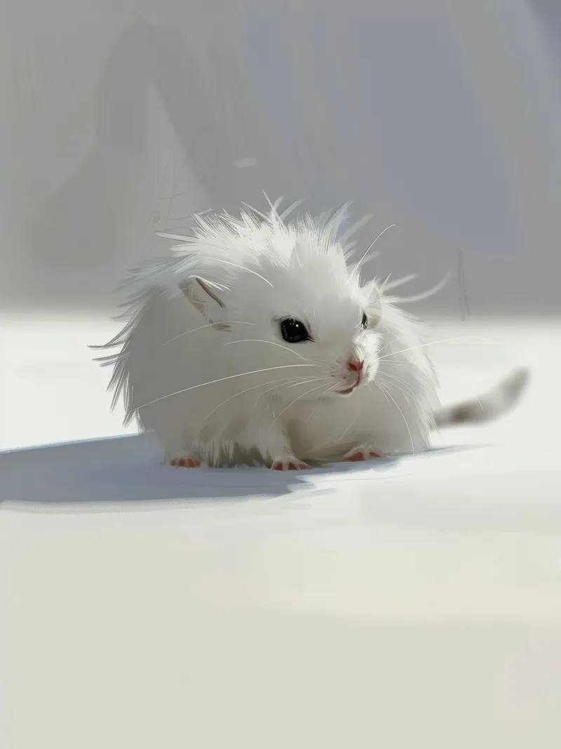weißer Hamster mit flauschigem Fell, sitzt auf hellgrauem Untergrund Hahnemühle von DesignDoodle