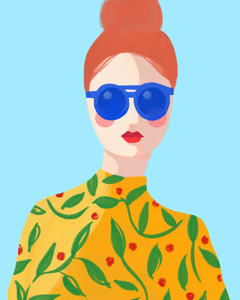 Girl with Blue Sunglasses poster con telaio in plastica da Isabel Junghans-Bichler