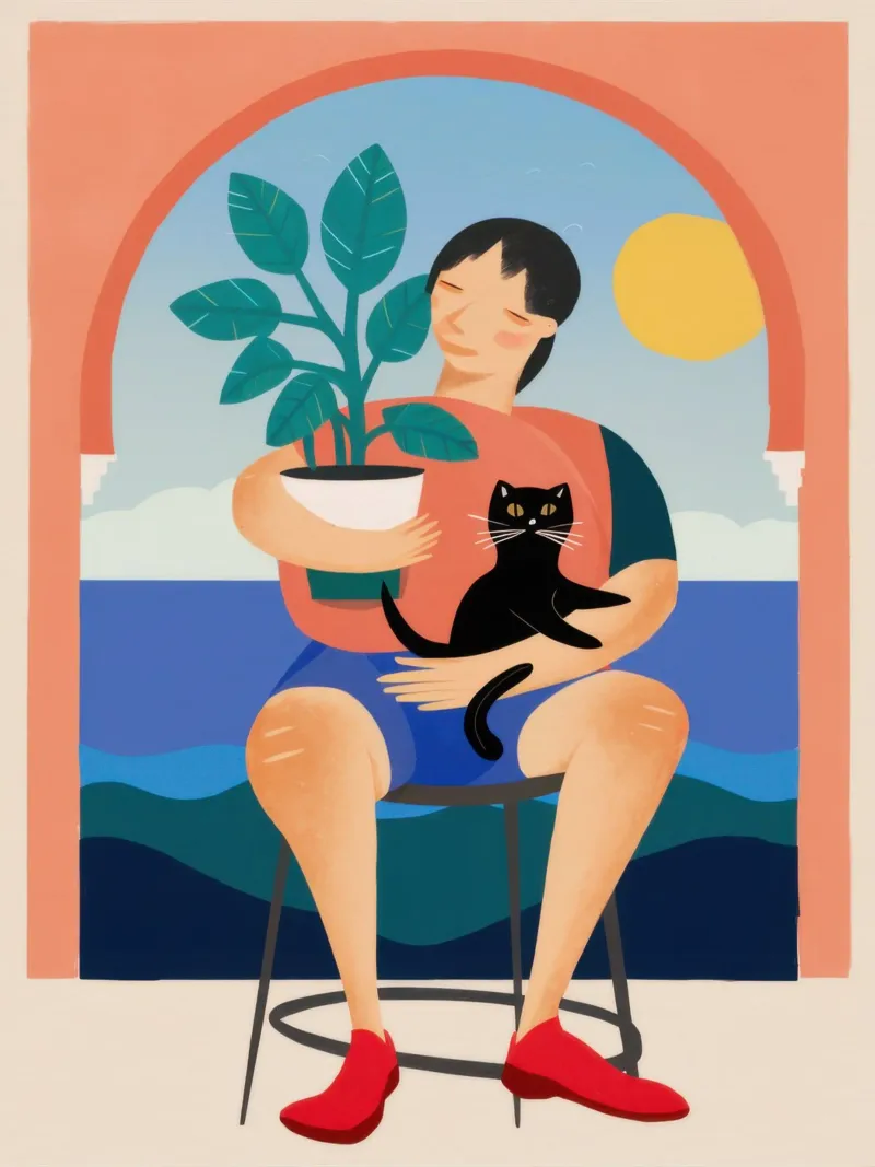 Ragazzo con gatto nero poster con telaio in alluminio da Pale Aura