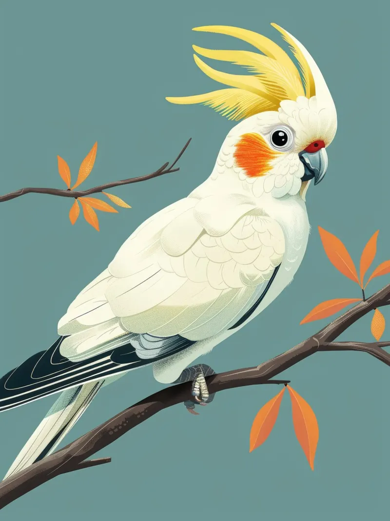 Cacatua dal ciuffo sulfureo su un ramo con foglie d'autunno pellicola backlit da DesignDoodle