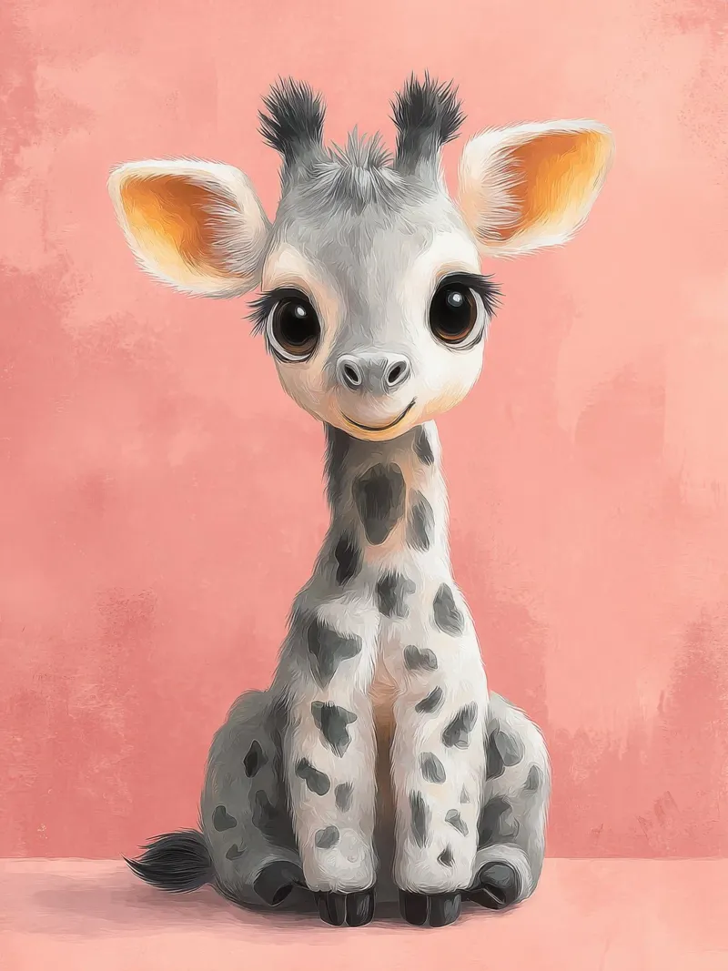 Smiling Baby Giraffe Sitting on Soft Pink Background hahnemühle by Moodwall