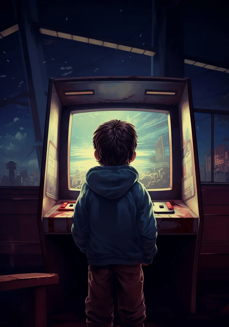 A Boy Playing Arcade Game Machine hahnemühle by Fleur de Lys