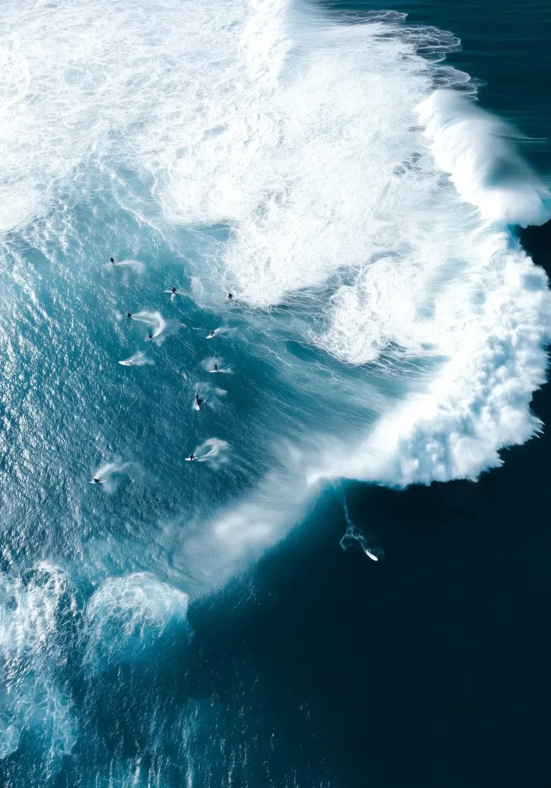 Surfers in Motion – Aerial Ocean Wave Photography poster con telaio in legno da Nadjaa