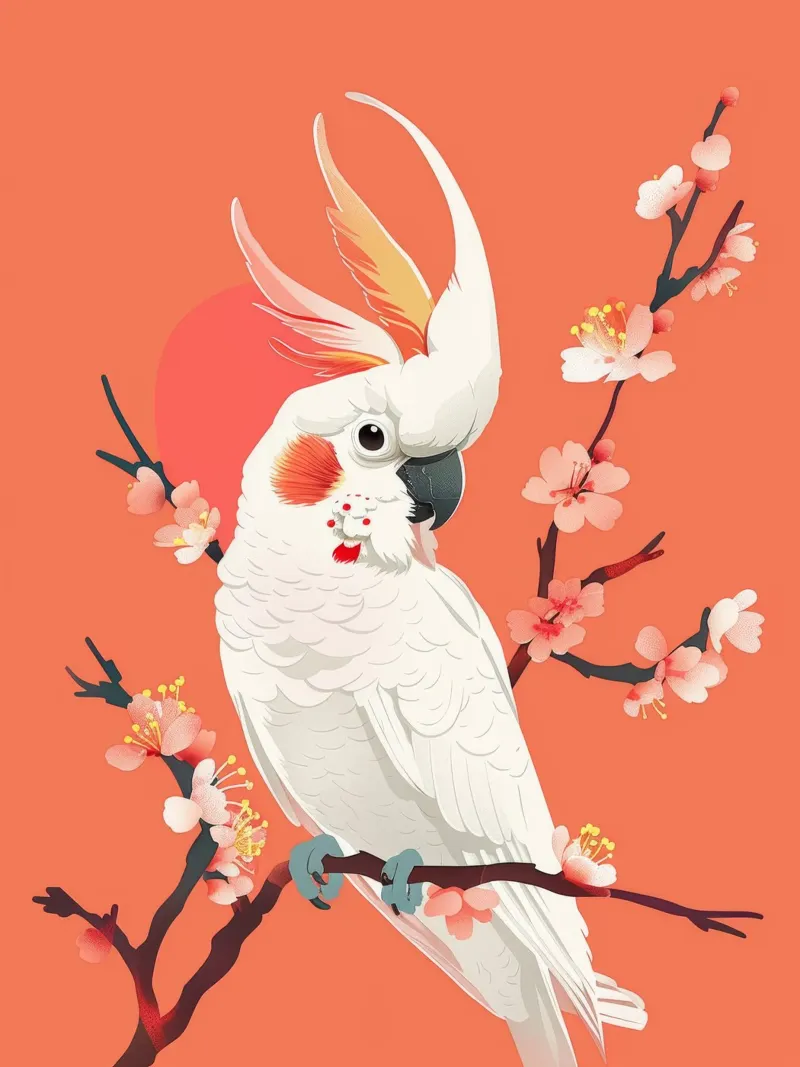 Cacatua su ramo con fiori illustrazione pellicola backlit da DesignDoodle