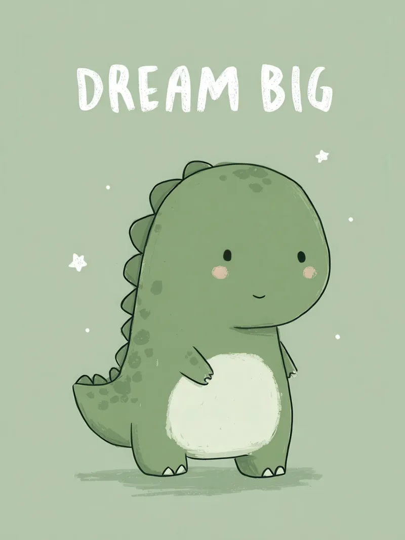 Mignon dinosaure vert avec "Dream Big" sur sauge douce hahnemühle de Moodwall