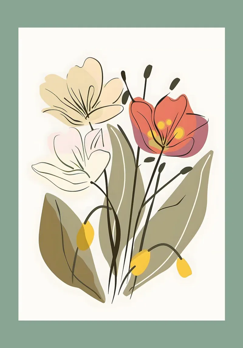 Florale Illustration mit roten und beigen Blumen Poster mit Holzrahmen von E Cannon