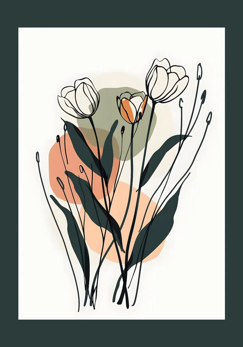 Dark Green and Peach Abstract Floral Line Art canvas with Floater frame by E Cannon