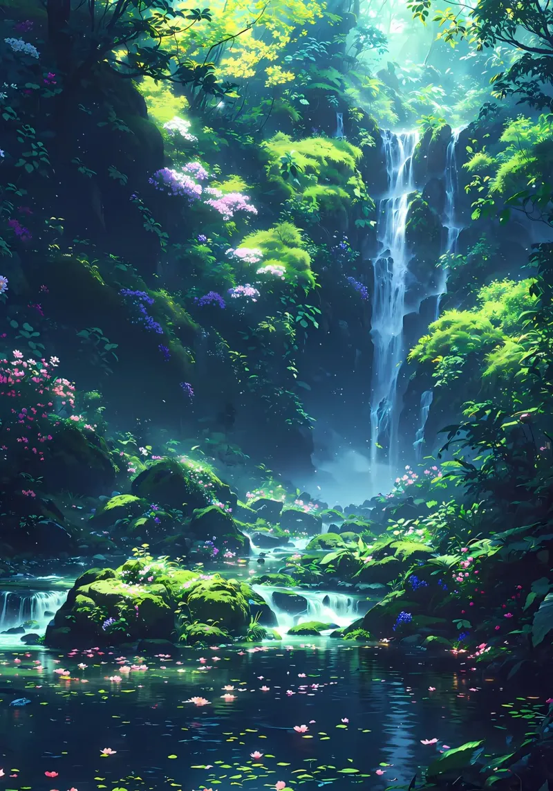 cascata foresta lussureggiante poster con telaio in plastica da MountainShop