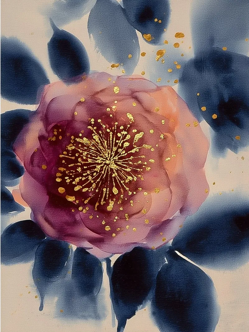 Fiore di mezzanotte con oro poster con telaio in alluminio da Sophia Calder Studio