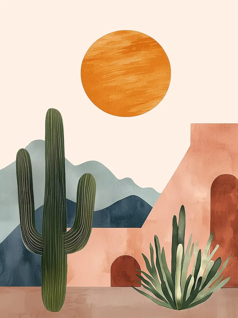 Cactus tropicale Boho del deserto con montagne solari in terracotta pellicola backlit da Gentle Echoes Art