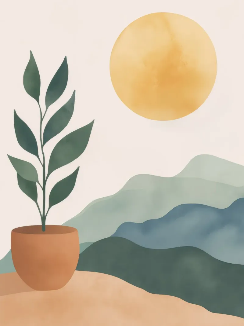 Boho Greenery en maceta con montañas de sol Earthy Minimal Art metacrilato de Gentle Echoes Art