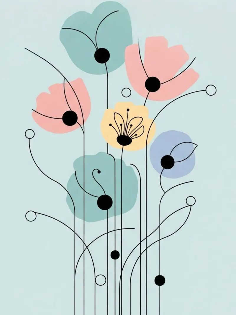 Floral bauhaus #102: Doodle Blooms poster with wooden frame by Zen Design