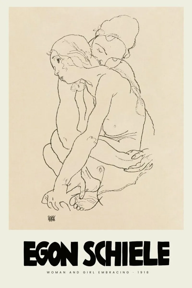 Schiele - Woman And Girl Embracing II poster con telaio in alluminio da Vintage by JUNIQE