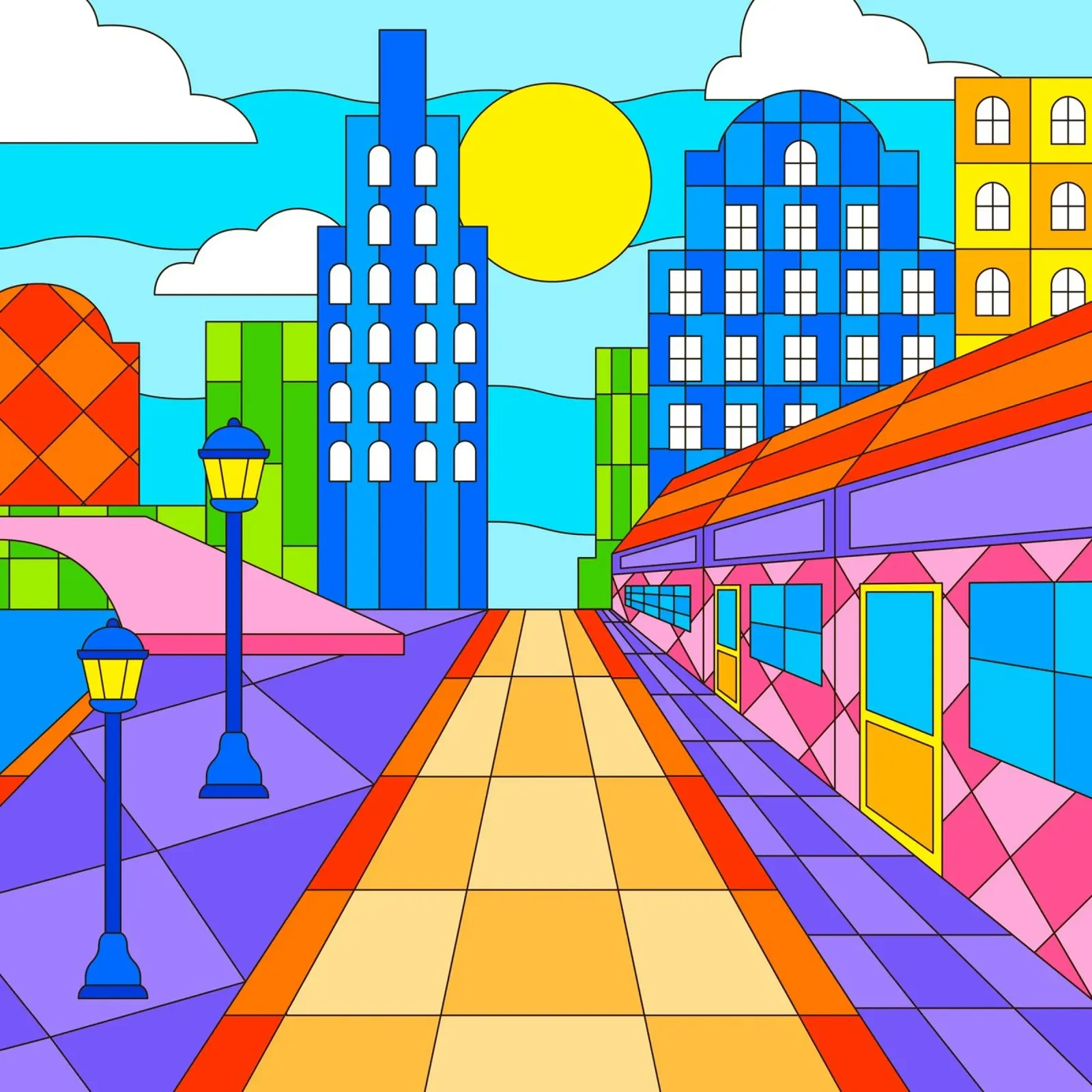 streetlights cityscape poster with wooden frame by pastel color shape